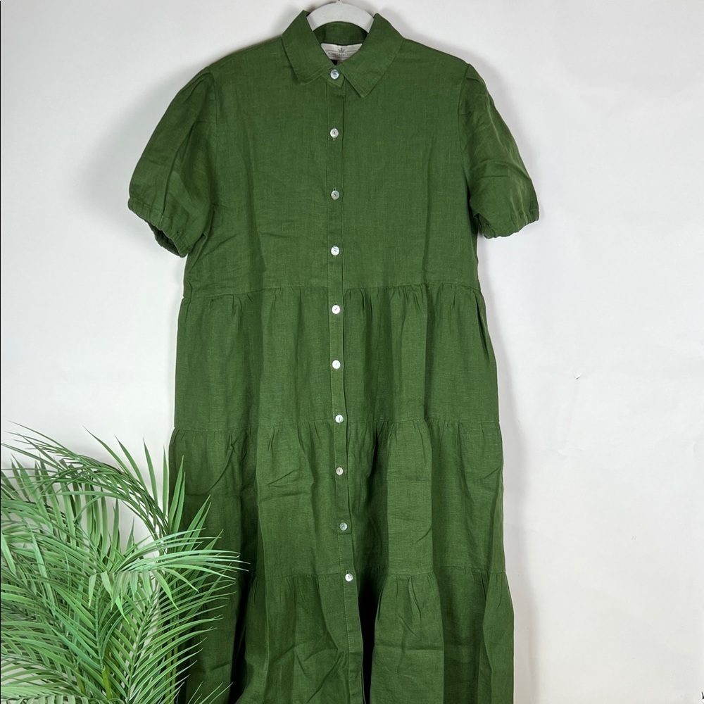 NWT Phoebe Tiered 100% Linen Dress Crown Linen Designs Arte Italica Green
